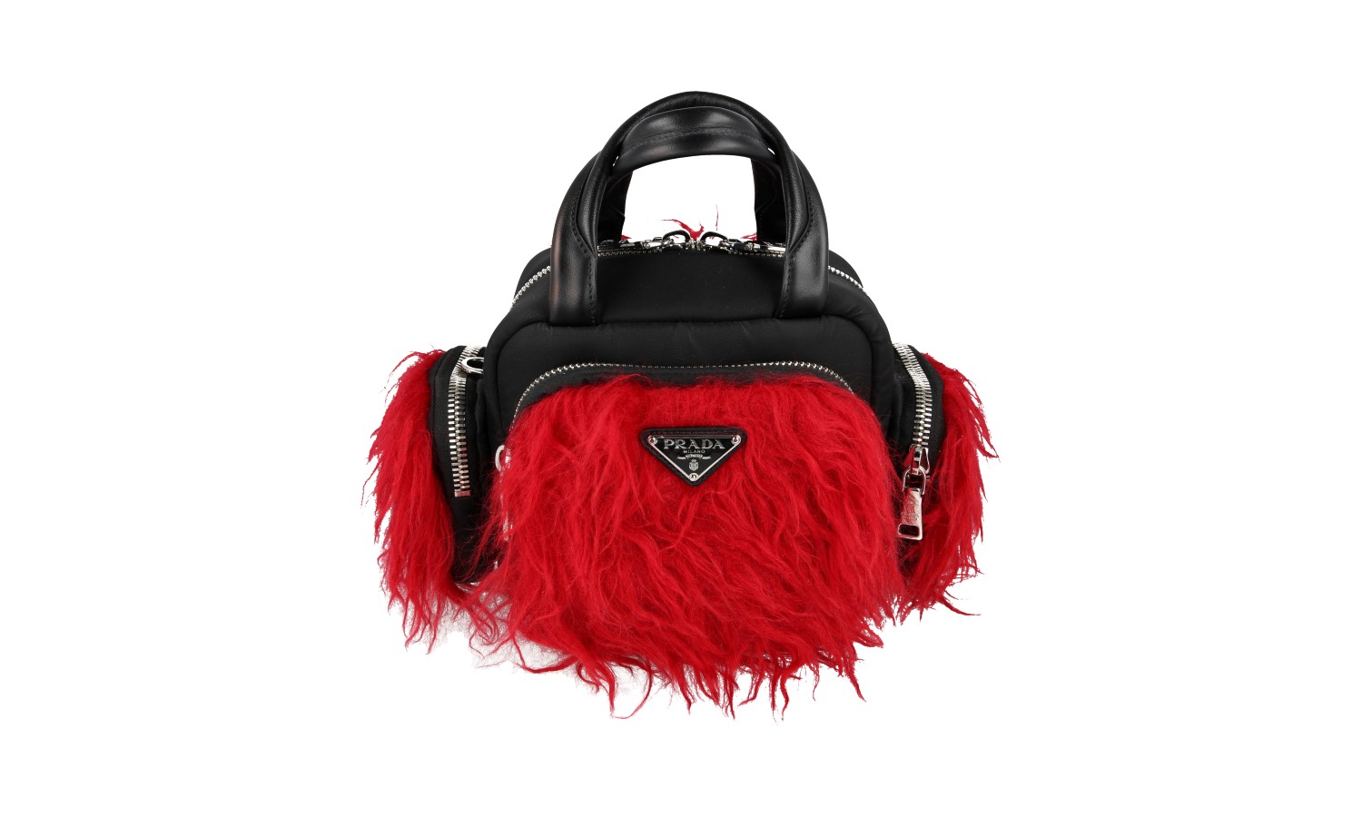PRADA FRANKENSTEIN Faux Fur Shoulder Bag Handbag 1BB061 Black Red