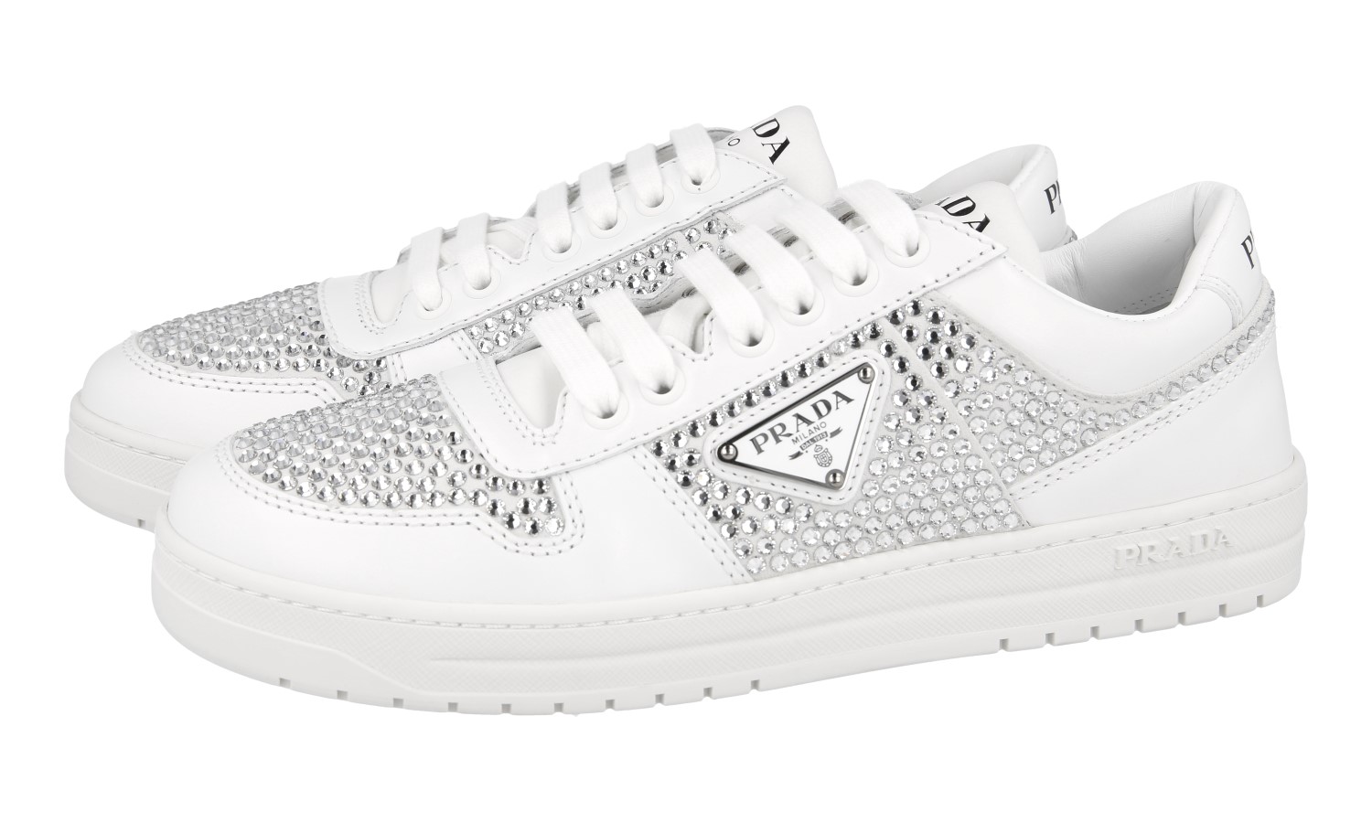 PRADA DOWNTOWN SNEAKERS SHOES 1E348N LEATHER W RHINESTONES