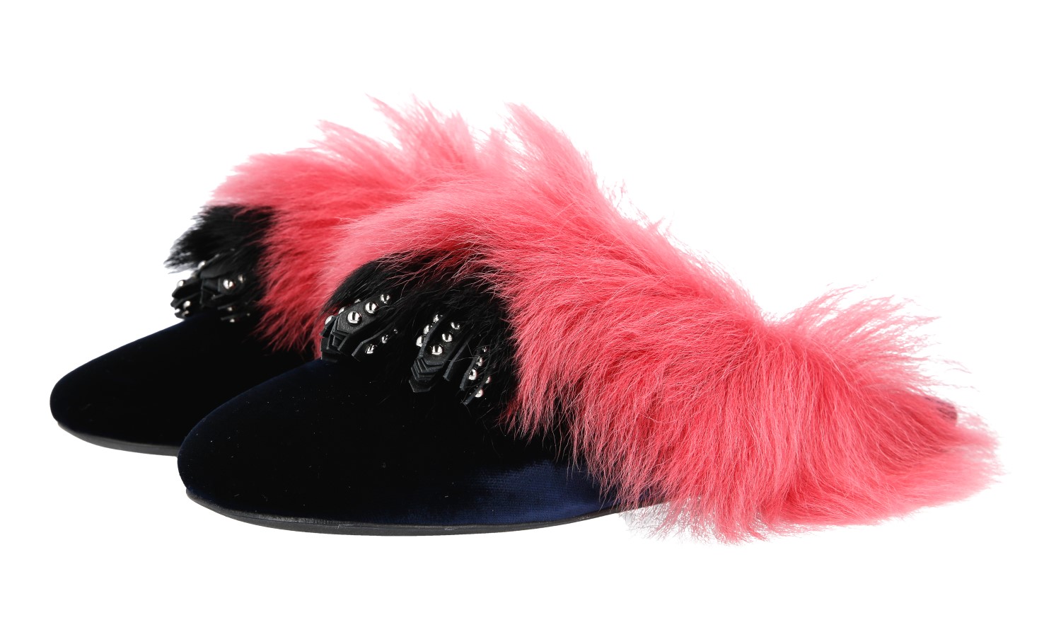 PRADA VELVET Tassel FUR Slipper Mules - 1S757H - Blue Pink - NEW