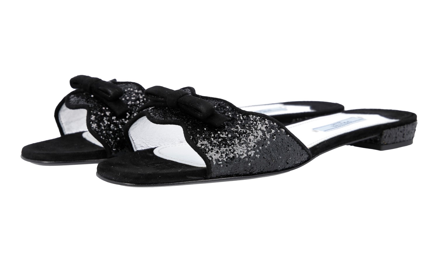 【PRADA】装飾付きヒールサンダル PRADA GLITTER Slides Sandals - 1XX229 - Black - NEW - US 6