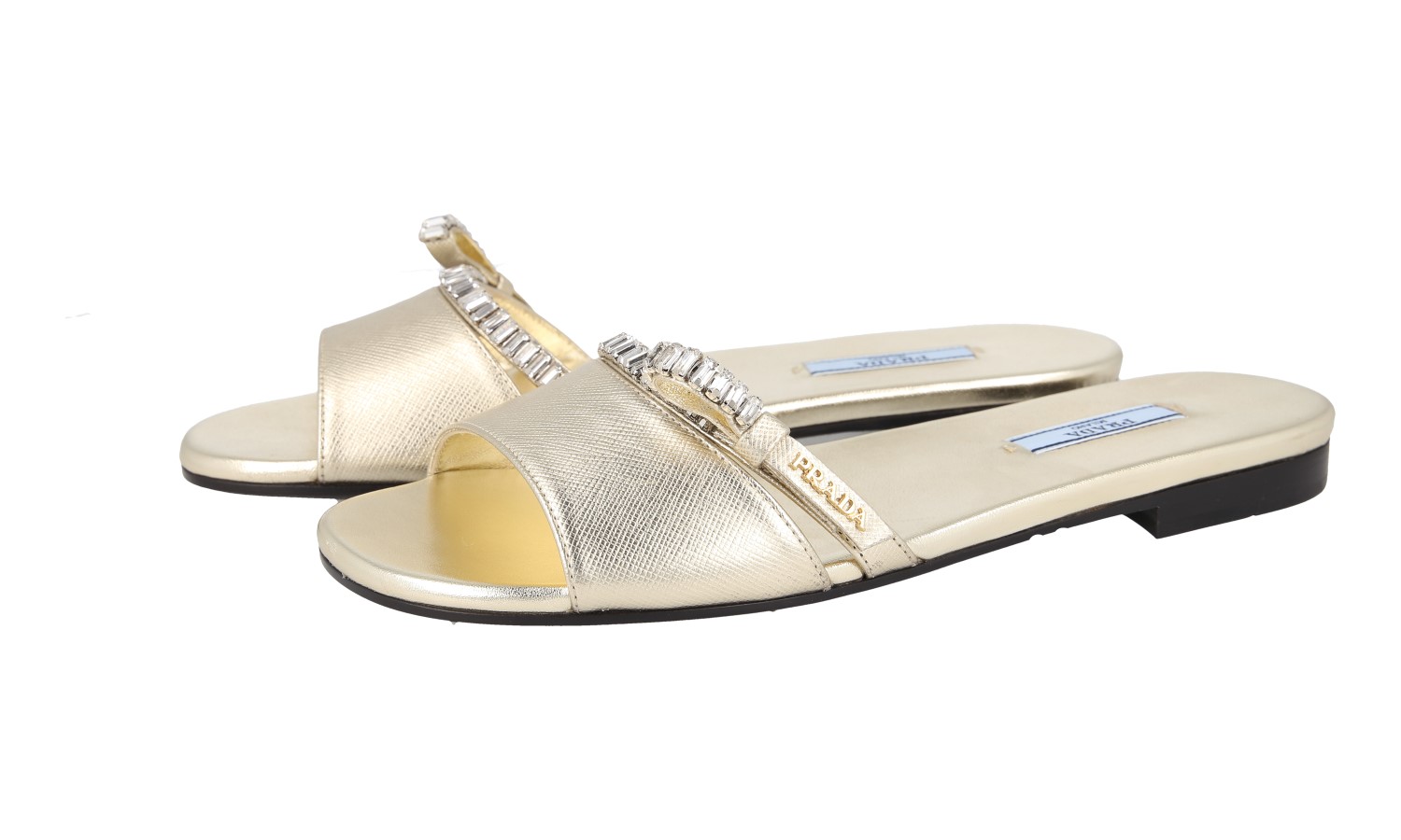 公式の店舗 PRADA Saffiano CRYSTAL Sandals Slides - 1XX527 Gold Pyrite 小物