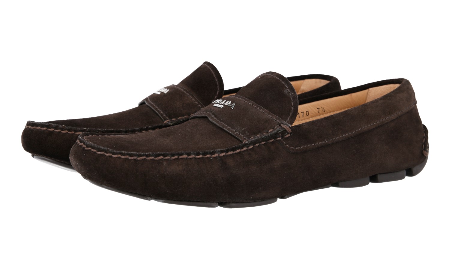 Prada Logo Pebbled Leather Driving Loafers Slip On Brown Italy Mens 7 2D2170 Prada Men main image 2
