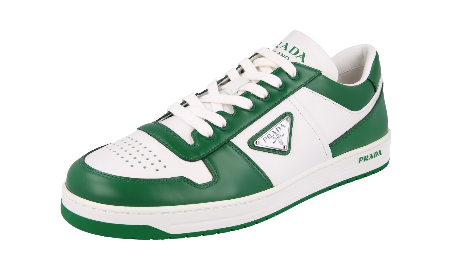 PRADA DOWNTOWN SNEAKERS SHOES 2EE364 GREEN WHITE LEATHER US