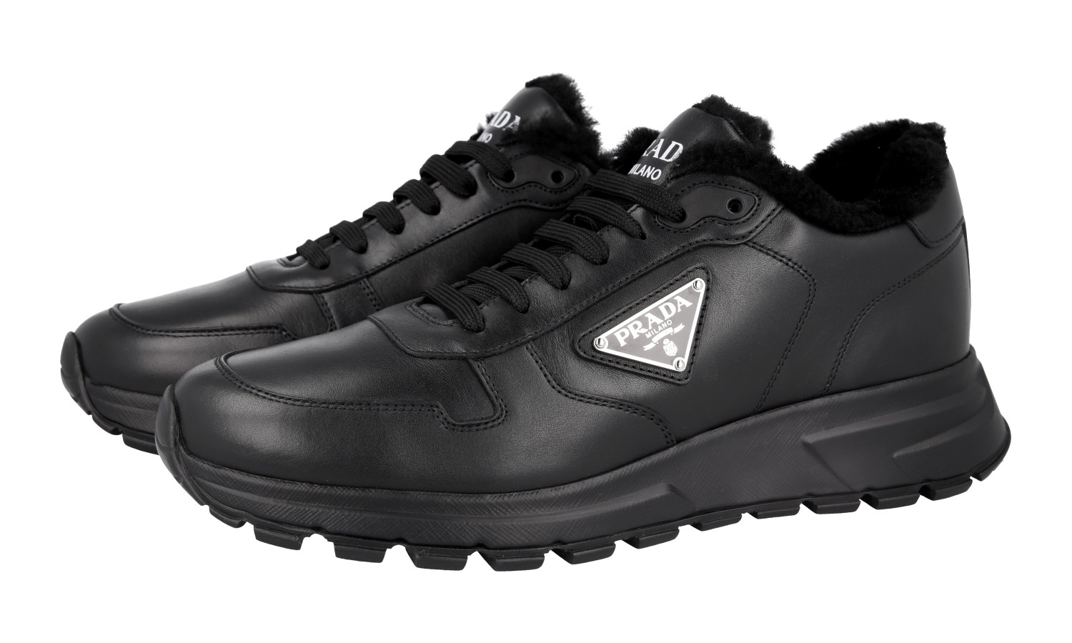 PRADA PRAX01 SHEARLING SNEAKERS SHOES 2EE369 BLACK LEATHER NEW US