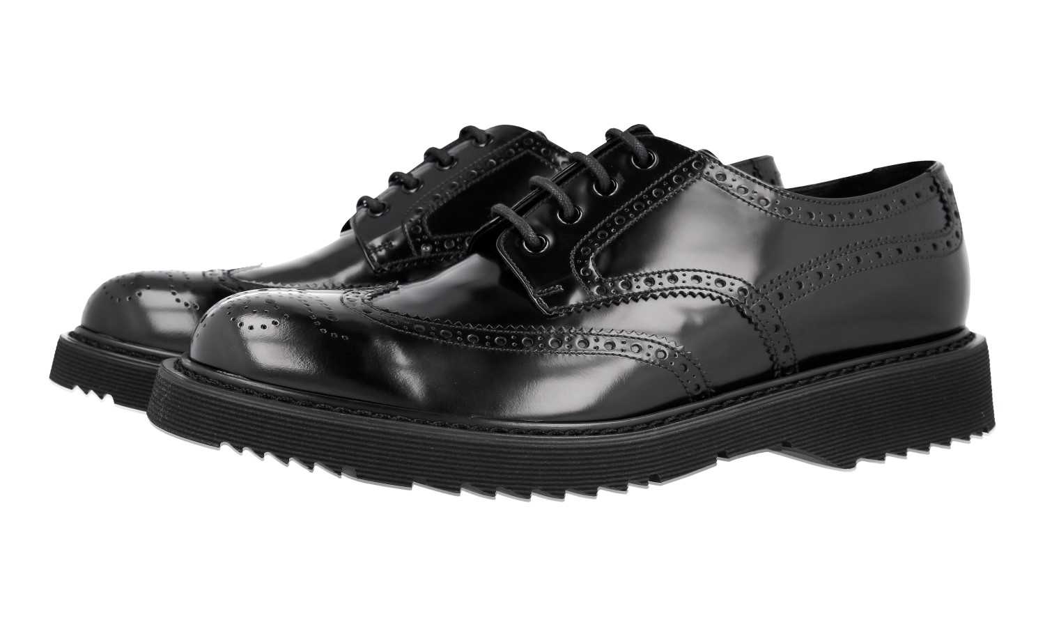 PRADA POLISHED FULL BROGUE DERBY DRESS SHOES 2EG008 BLACK