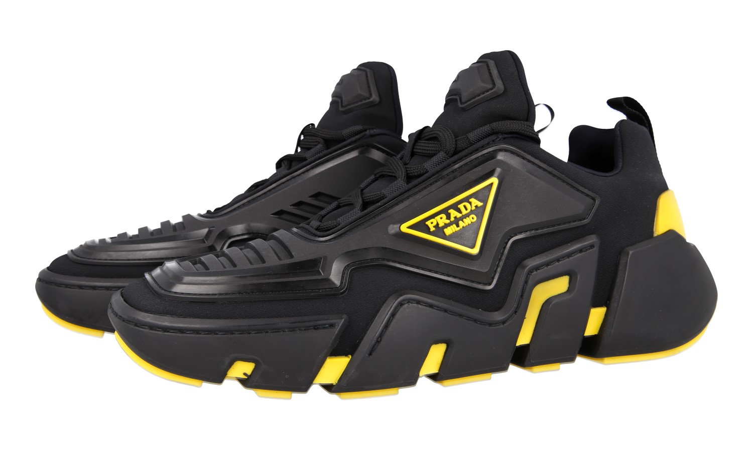 PRADA TECHNO STRETCH SNEAKERS SHOES 2EG314 BLACK YELLOW
