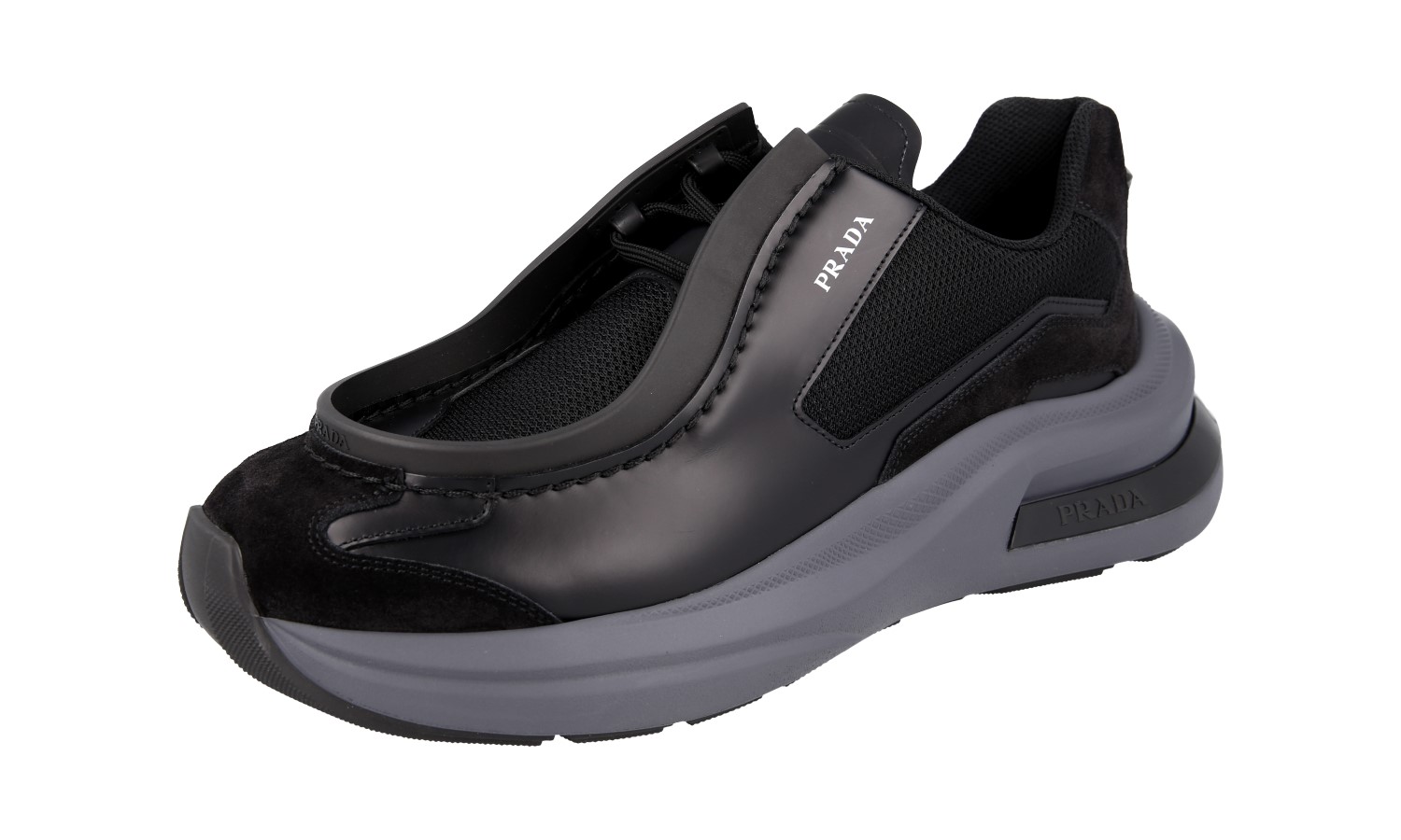 PRADA Leather SYSTEME RUNWAY Sneakers - 2EG424 Black Grey NEW - US