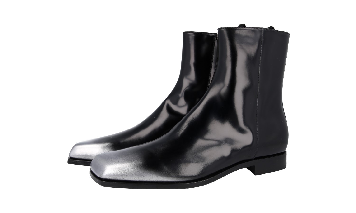 PRADA RUNWAY SQUARE TOE HALF BOOTS BLACK SILVER LEATHER NEW US 9 
