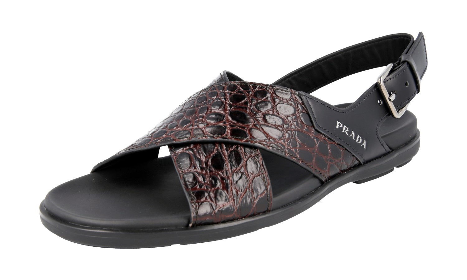 【PRADA】2X3033 レザークロスサンダル PRADA Leather CROC Sandals Slingback - 2X3033 - Brown - NEW