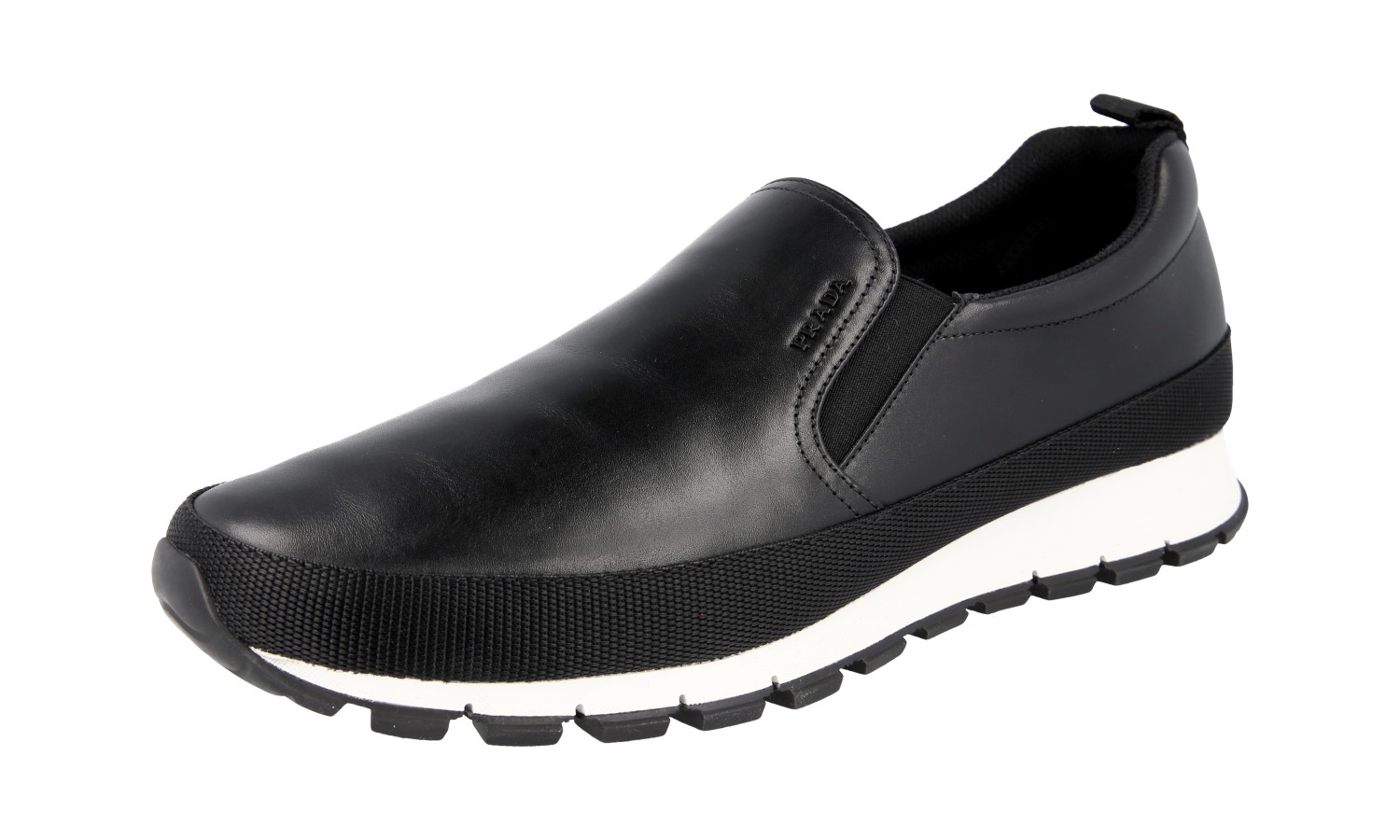 PRADA SLIP-ON SNEAKERS SHOES 4D2991 BLACK WHITE LEATHER