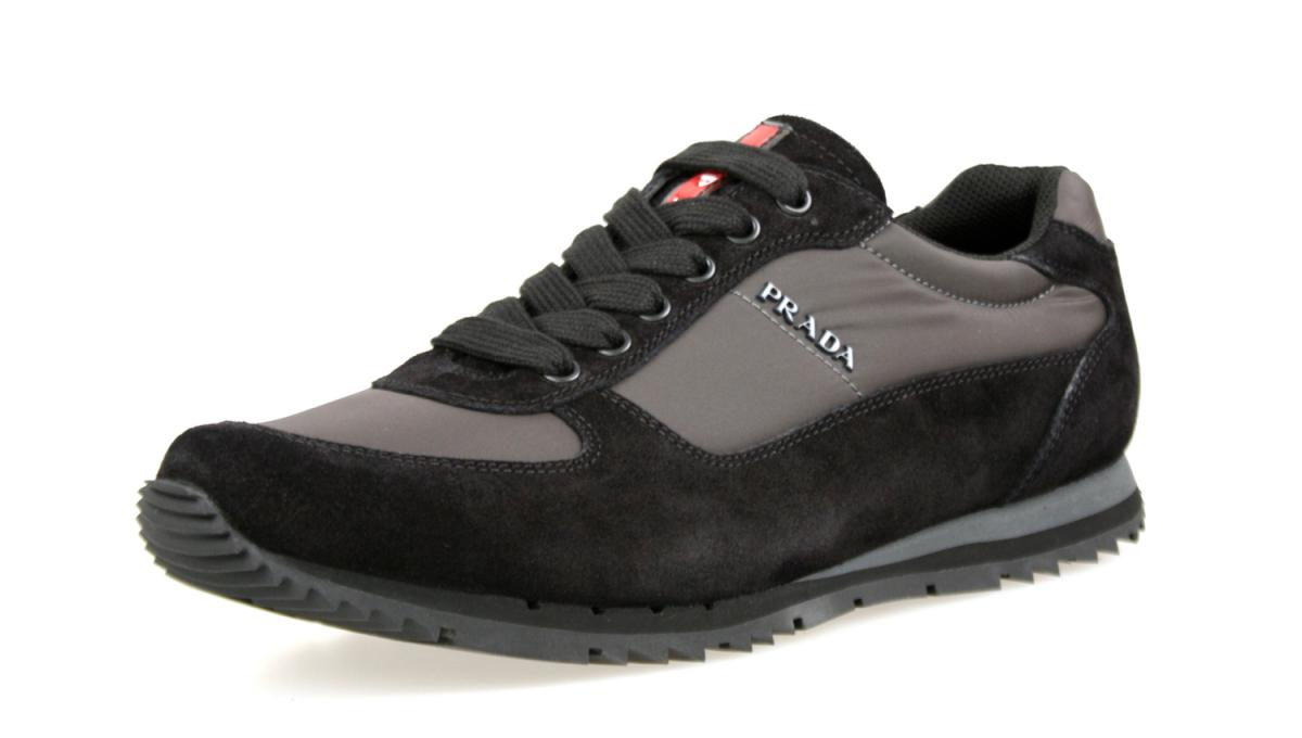 PRADA SNEAKERS SHOES 4E2721 BLACK GREY LEATHER NYLON RED