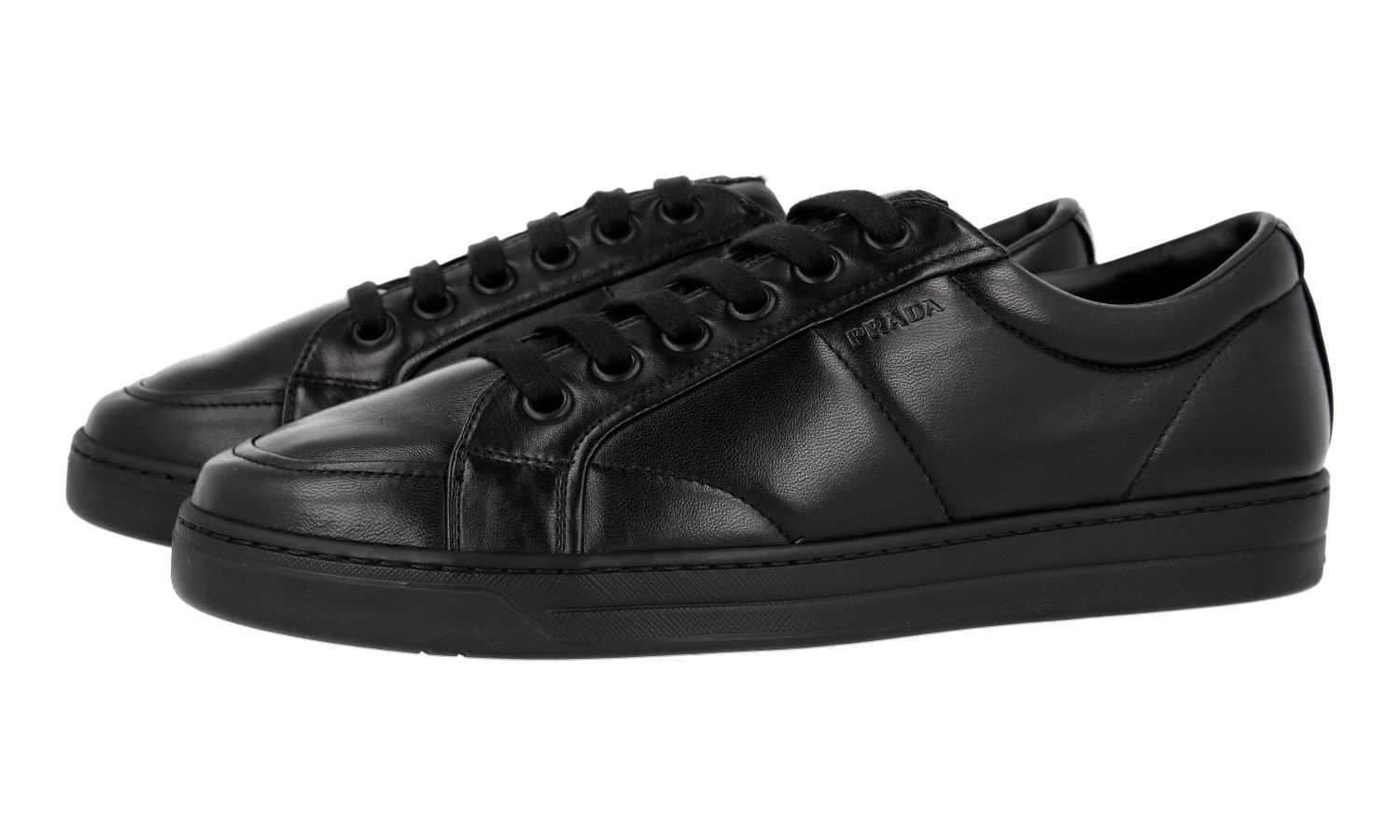 PRADA SNEAKERS SHOES SOLID ALL BLACK LEATHER RED STRIPE NEW | eBay