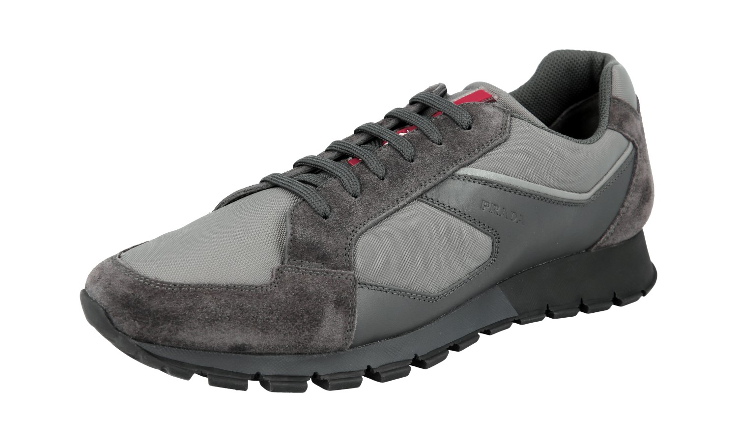 PRADA Leather + Nylon Sneakers RED STRIPE Grey Black Prax NEW - US