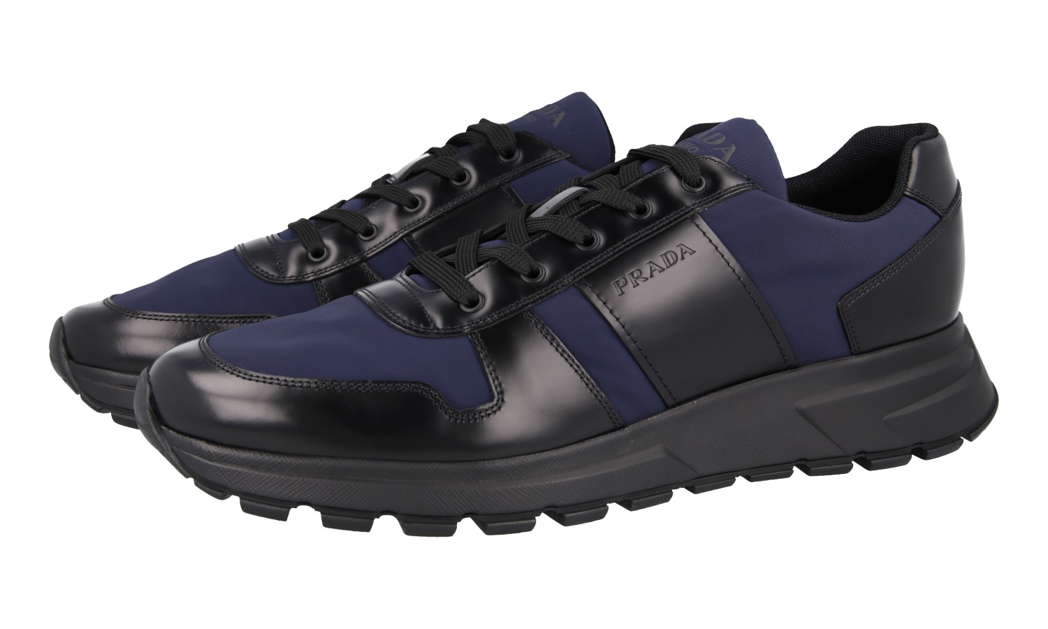 値下げ⭕️ PRADA BLACK PRADA Leather Nylon PRAX Sneakers - 4E3463 Black Navy Blue NEW