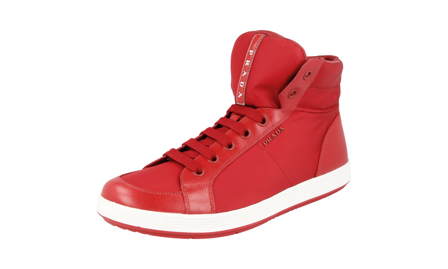 PRADA Leather High-Top Sneakers - LINEA ROSSA RED STRIPE - NEW
