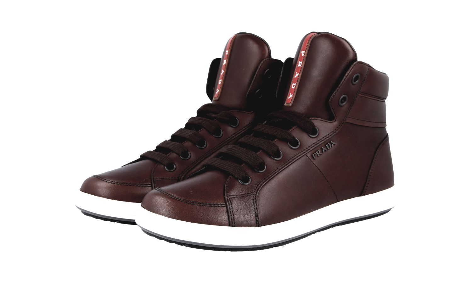 PRADA HIGH-TOP SNEAKERS SHOES BROWN LEATHER LINEA ROSSA NEW US 7.5