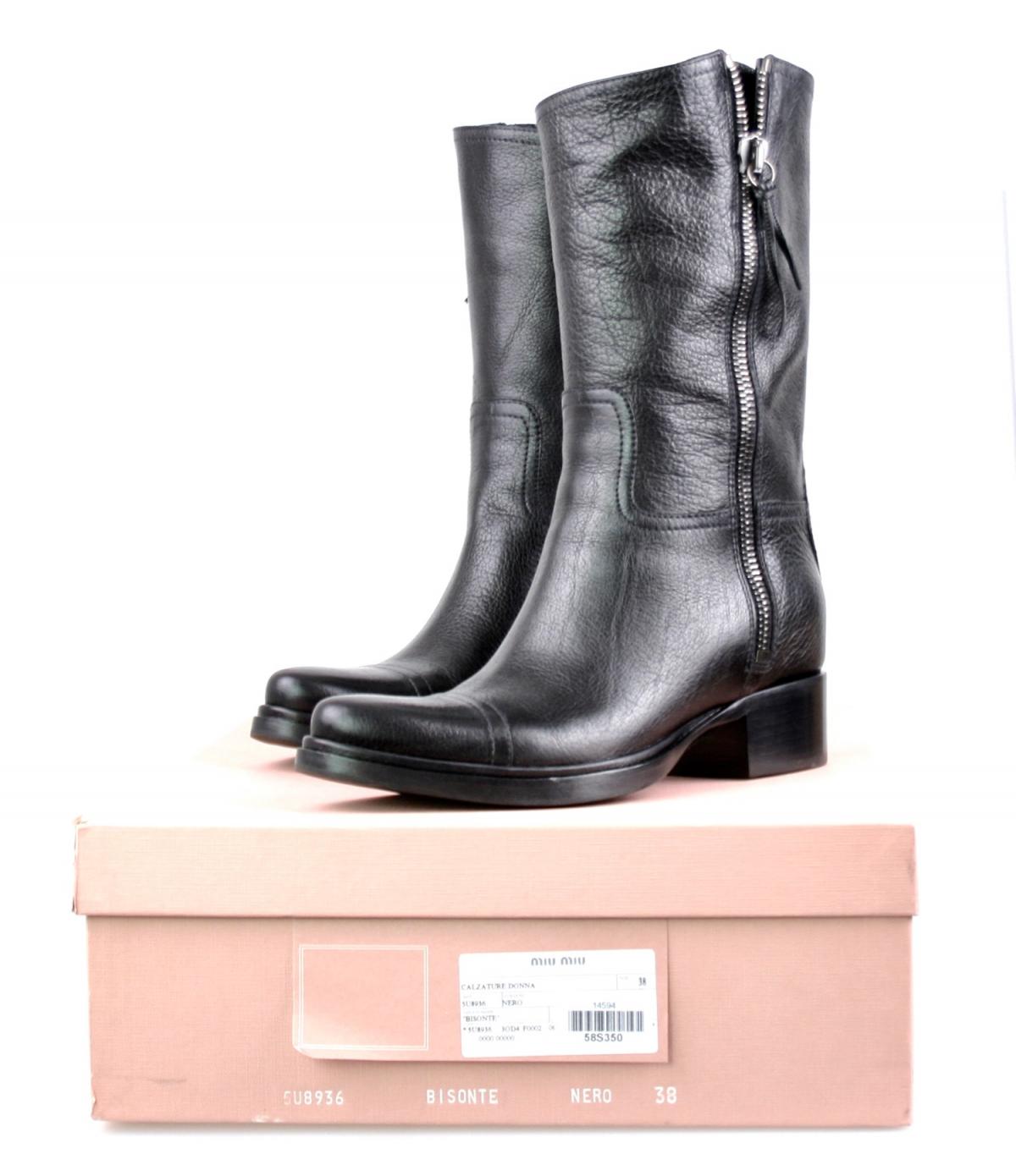 AUTH MIU MIU HALF-BOOT SHOES 5U8936 BLACK BUFFALO SKIN NEW